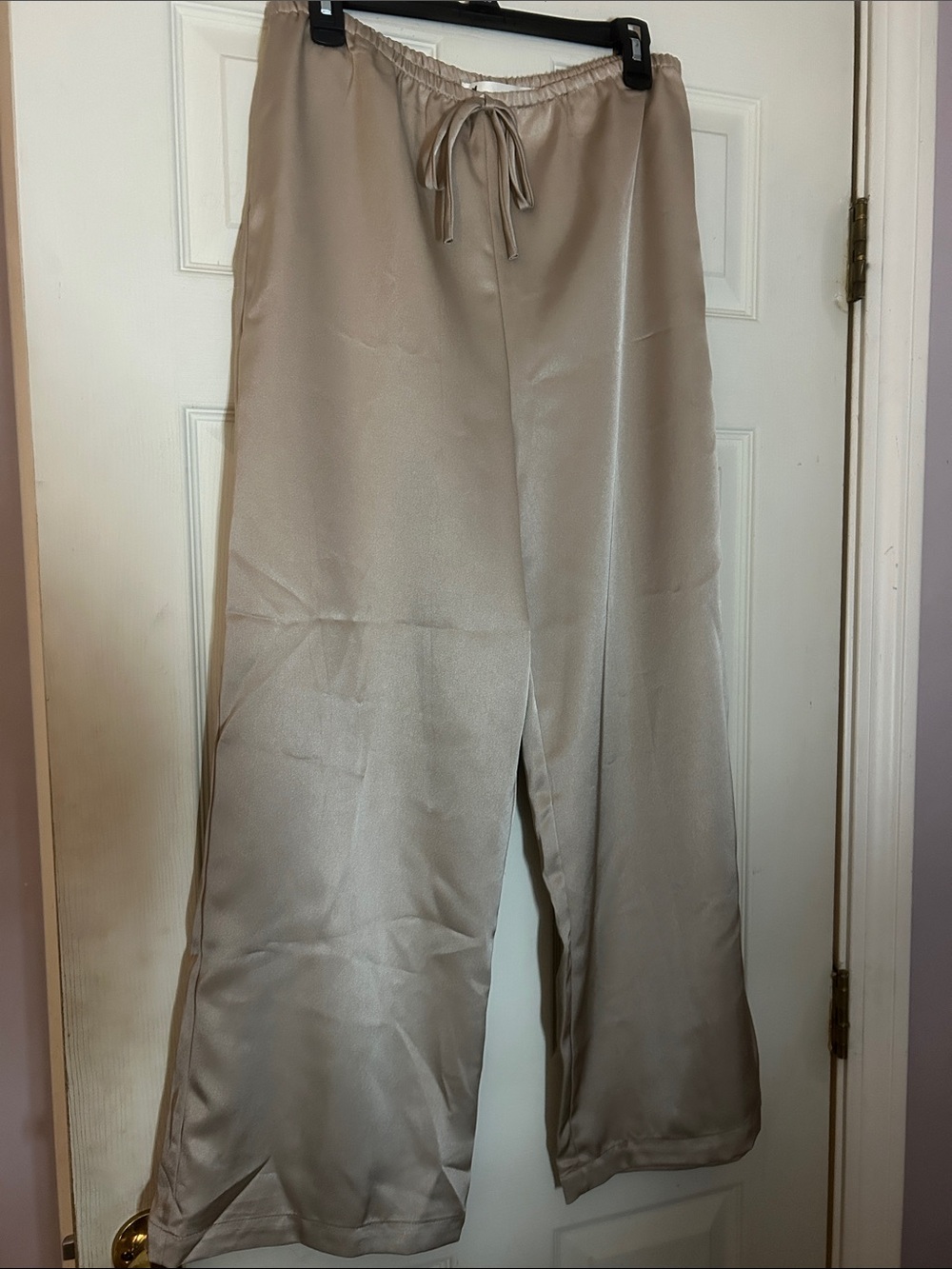 Boho Satin Wide-Leg Drawstring Pants in Taupe NWOT M-XL